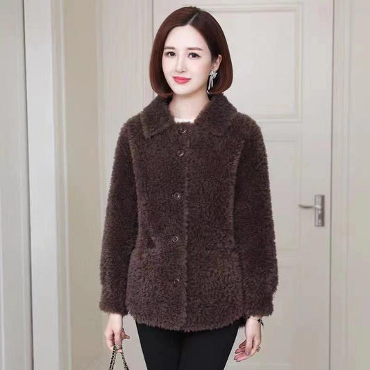Plus Velvet Coat Women's Faux Lamb Fleece All-match Thick Coat Lapel Warm Large Size Coat Solid Color Casual Spring Autumn Jacket