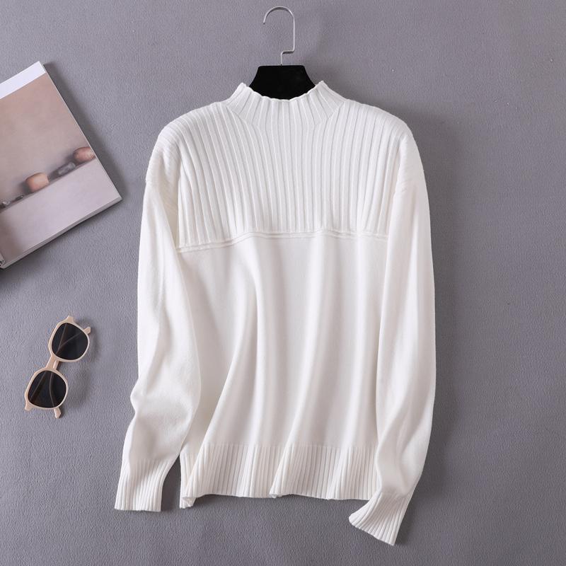 Sweater Women Solid Color Half High Collar Sweater Knitted Pullover Bottom Edge Loose Sweater