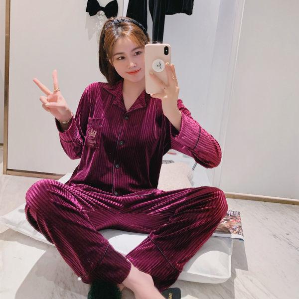 Women Pajamas Suit Winter Sleepwear Set Coral Velvet Thick Sleepshirt Homewear Long Sleeve Top and Pants Sets Turn-down Collar M-XXL