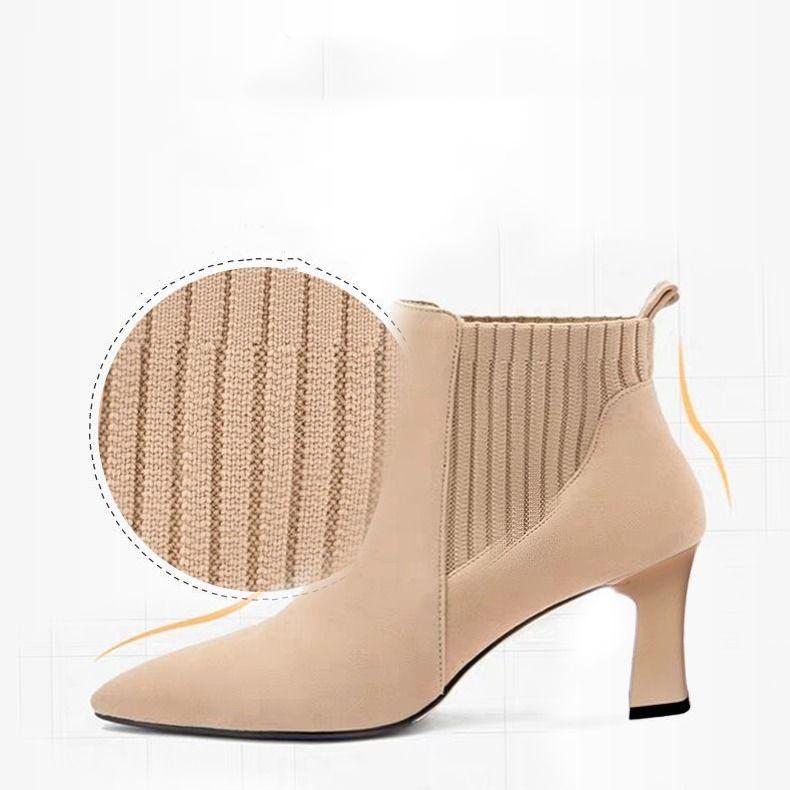 High Heels Ladies Boots Pointed Elastic Thick Heel Stiletto Knit Shoes