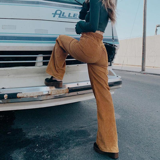Women's Corduroy Flare Pants High Waist Pocket Solid Long Pants Casual Loose Elegant Bell Bottoms Trousers Female