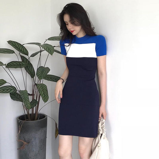 Female Spring French Elegant Sweet Dress Simple Splicing Short Graceful Slim Casual Dress