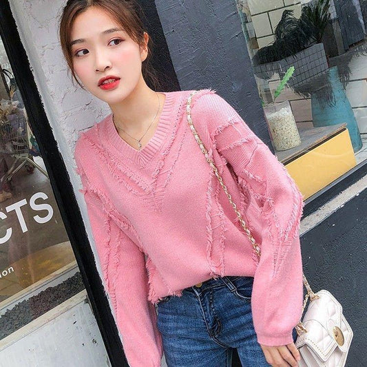 Spring and Autumn Loose Fashion Blouse Student V-neck Knitted Pullover Sweater Women