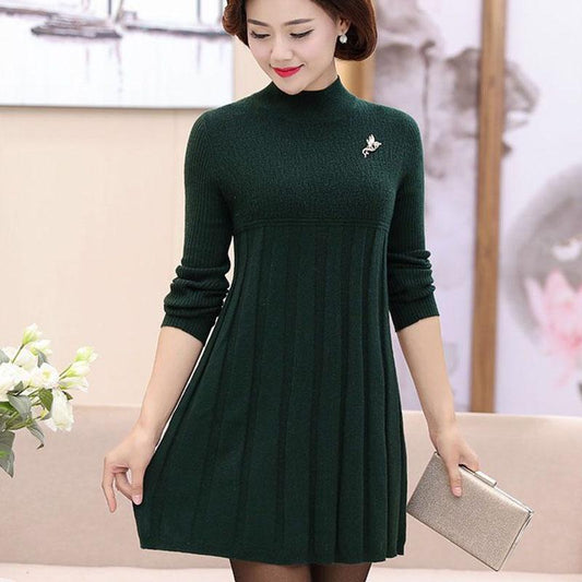 Autumn and Winter Loose Mid-length Dress Half High Neck Knitted Casual Bottoming Shirt Middle-aged Women Sweater Dress
