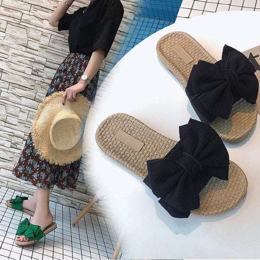2020 Casual Sneakers for Home Slippers Summer Bow-knot Soft Floor Woman Indoor Flats Shoes Cute Linen Slipper