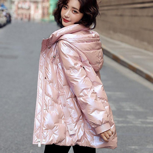Down Jacket Women's Winter Loose and Wash-free Bright White Duck Down Mid-length Hooded Jacket Women's Winter Warm Jacket