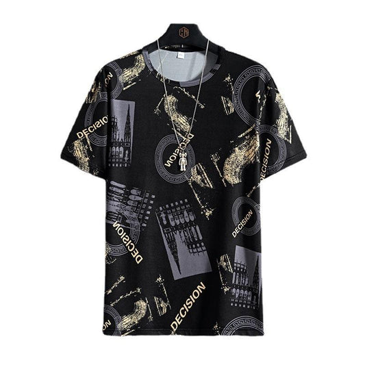 Summer Ice Silk T-shirts Oversized Geometric Graphic Print Tees Soft Breathable Cool Tops Men O-neck Short Sleeve Casual Shirts