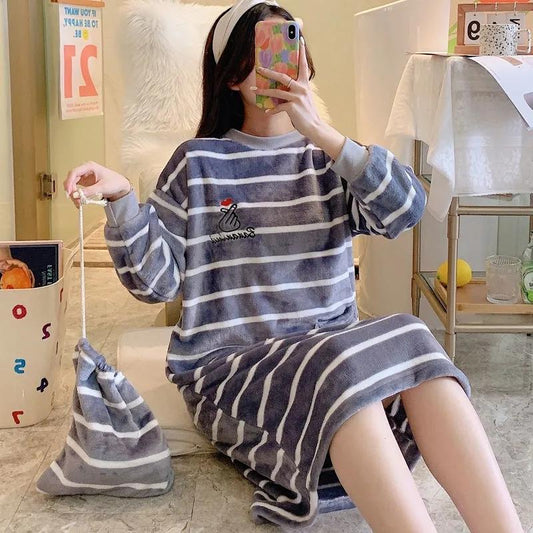 Large Size Women's Winter Warm Coral Fleece Stripes Nightdress Cute Cartoon Printing Pyjama Plus Fat Oversize Long-sleeves Pajamas Flannel Home Wear