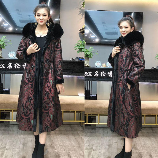 Vintage Printed Faux Fur Coats Women's Long Calf-length Flocking Reversible Faux Fur Coats