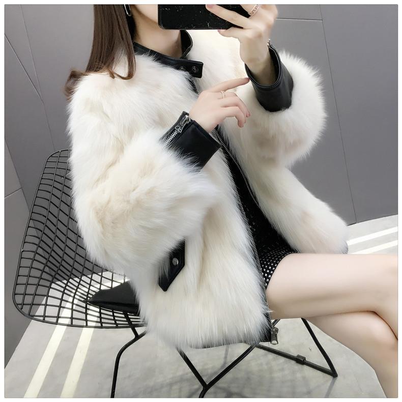 Fur Coat Women Faux Fox Fur PU Leather Stitching Jacket Short Thick Furry Coat Winter Female Outwear