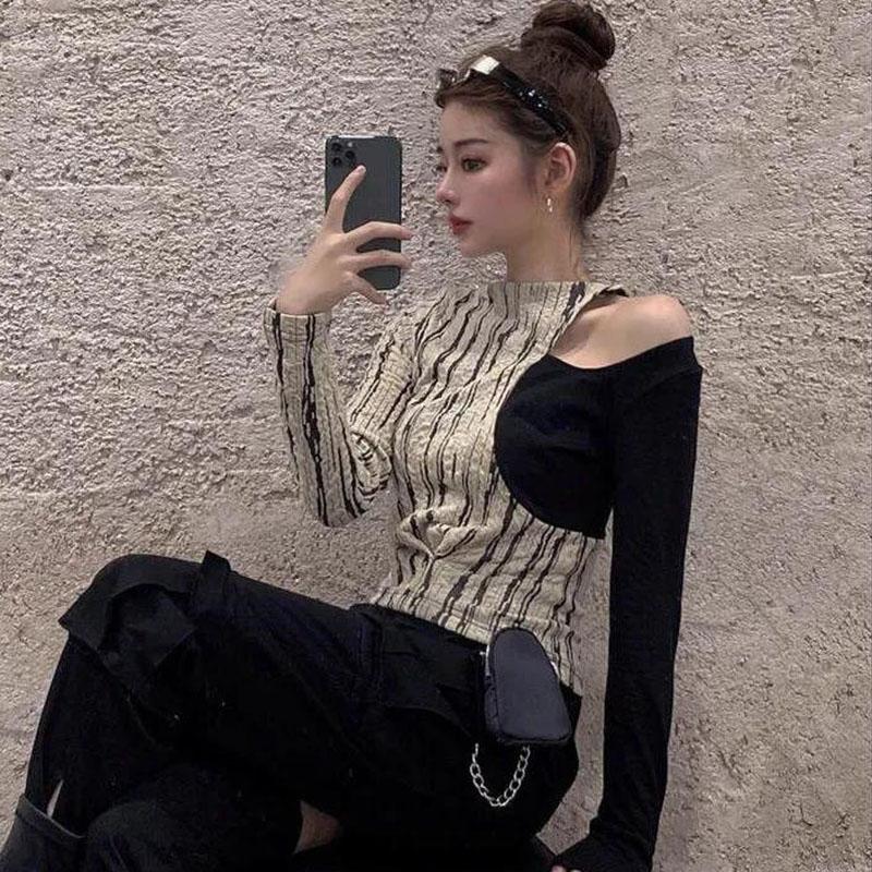 Women's Spring Autumn Long Sleeve Top Sexy V-Neck Slim Striped T-Shirt