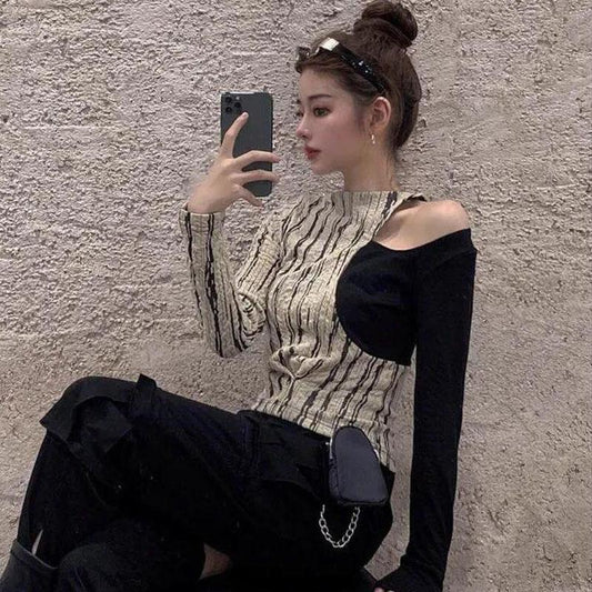 Women's Spring Autumn Long Sleeve Top Sexy V-Neck Slim Striped T-Shirt