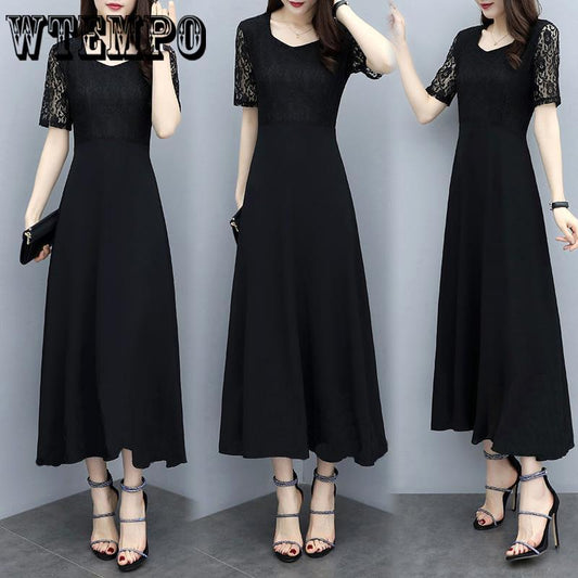 2019 summer new style foreign large size women's fat long dress ace stitching dresses Casual black