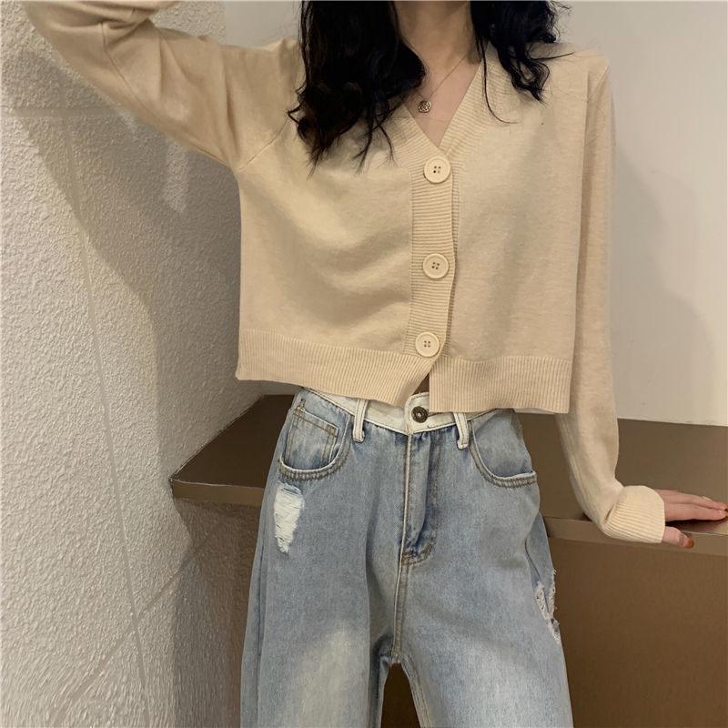 Plus Size Women's Autumn V-neck Black Knitted Sweater Short Top Thin Long Sleeve Cardigan Sweater