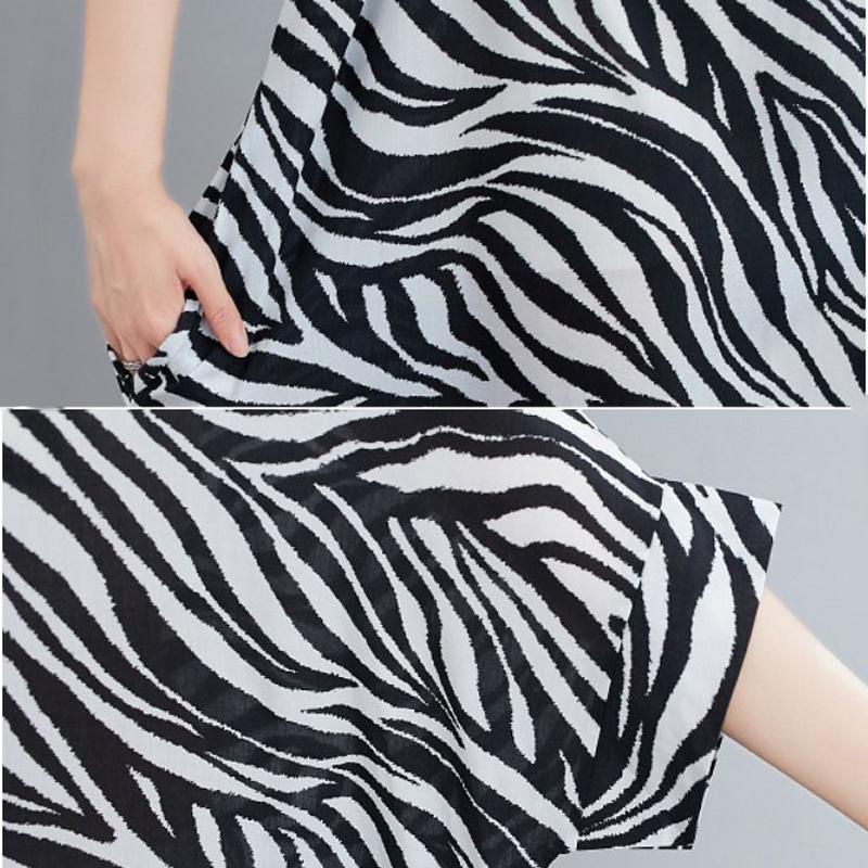 WTEMPO Zebra Pattern Plus Size Ladies Dress Summer Round Neck Long Dress Casual Mid-calf Length