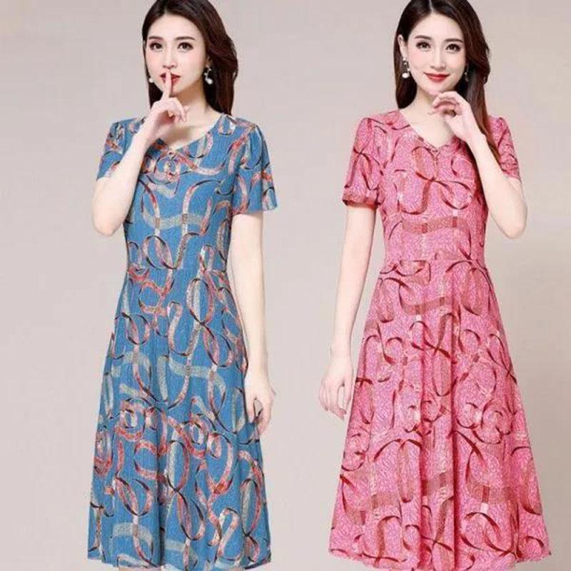 Women's Plus Size Loose Long Print Dress Slim V-neck A-Line Skirt