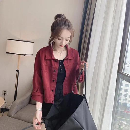 Wine Red Loose and Thin Korean Version BF Style All-match Jacket Long-sleeved Short Denim Casual Jacket Women's Top