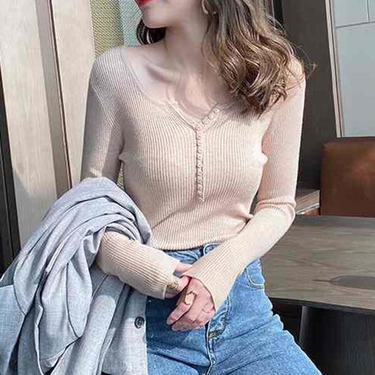V-neck Sweater Women's Spring and Autumn Clothes with A Slim Bottoming Shirt Autumn and Winter Western Style Thin Knitted Sexy Top