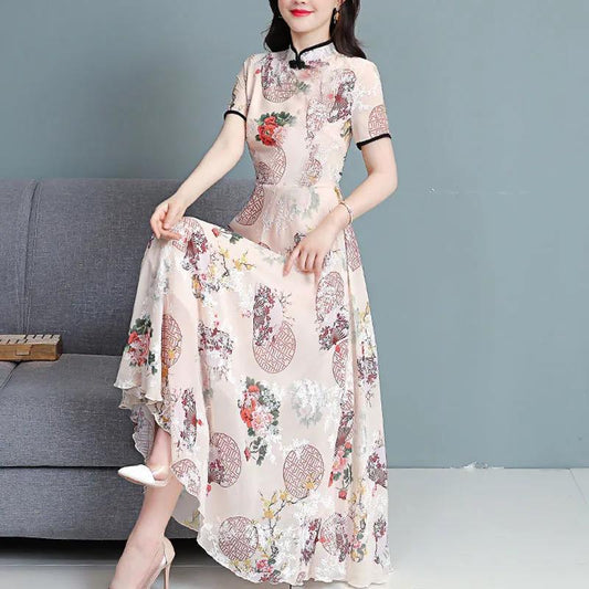 Women's Summer Short Sleeve Long Floral Large Size Dress Slim A-line Skirt