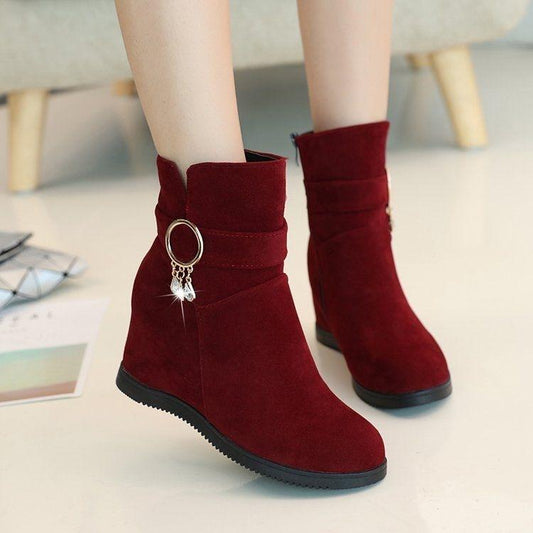 Fall and Winter Plus Velvet Flat-bottomed Inner Height Shoes Wedge Heel Short Tube Women's Cotton Boots