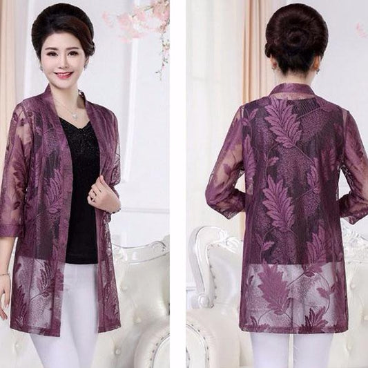 XL-5XL Spring and Summer Sunscreen Lace Cardigan Mesh Shawl Women's Air-conditioned Shirt Plus Size Loose All-match Coat