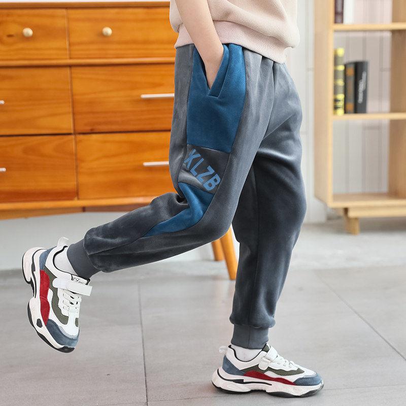 Boys Plus Velvet Pants Gold Silk Double-sided Velvet Plus Velvet Thick Trousers Autumn and Winter Models In The Big Children's Warm Pants