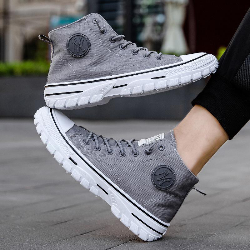 Spring Men's Shoes High-top Canvas Shoes Trend Solid Color Casual Shoes Students All-match Sports Cloth Shoes