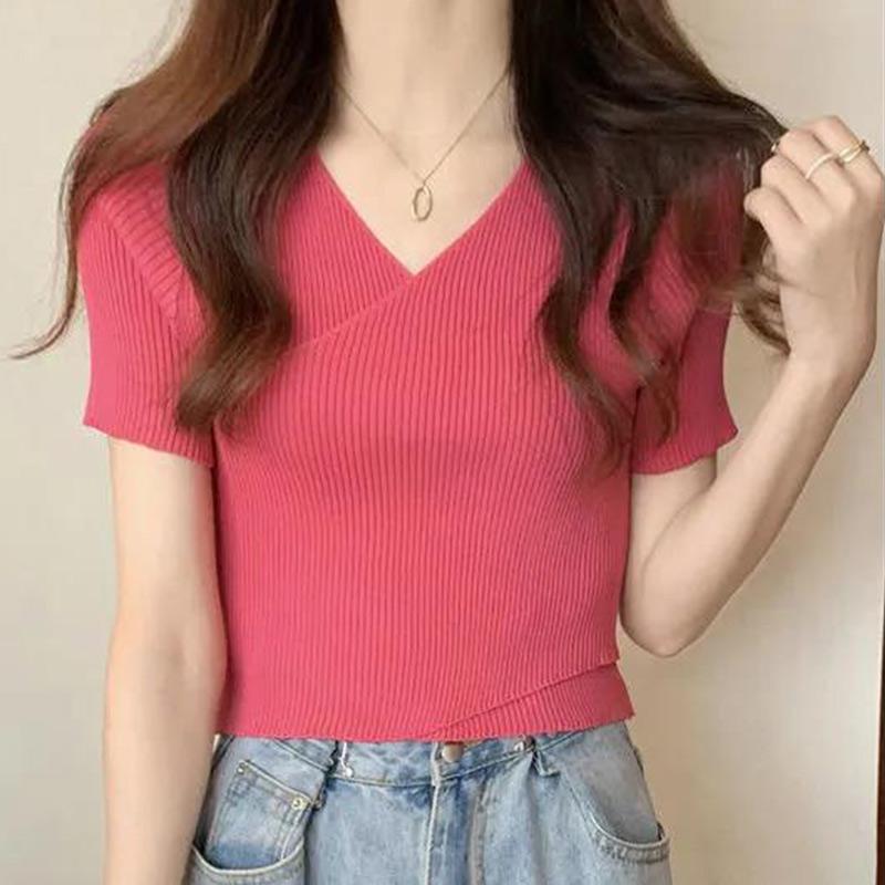 Summer Irregular Cross V-neck Short-sleeved Knitted Sweater Girls Fashion Elegant Thin Top