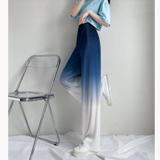 Gradient Color Ice Silk Wide-leg Pants Women's High-waisted Slim Drape Loose Straight Casual Pants Summer Printed Trousers