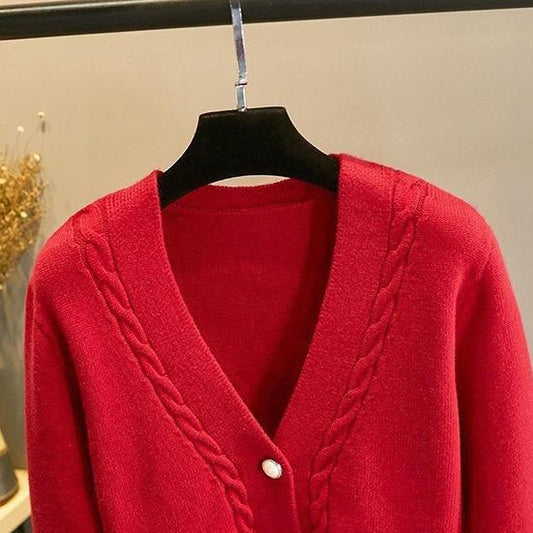 Autumn and Winter Women's Sweater Cardigan Female Large Size Knitted Coat Solid Color V-neck Loose Warm Sweater