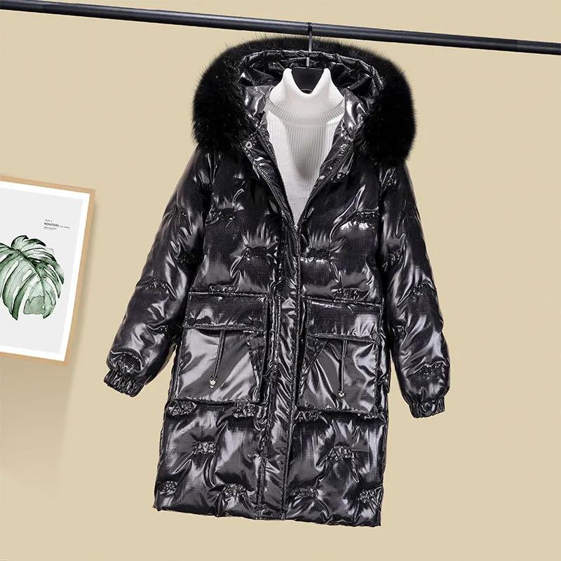 Down Cotton Jacket Winter Thicken Warm Loose Fashion Color Glossy Disposable Stand Collar Mid-length Cotton Jacket Women