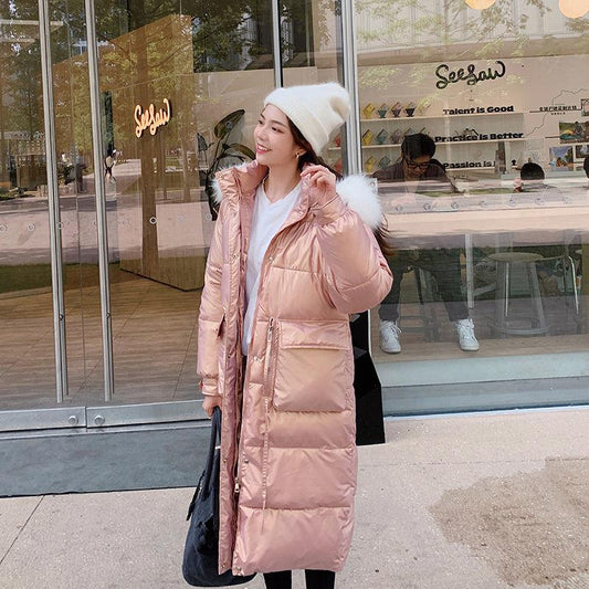 Winter Down Padded Jacket Women's Mid-length Over The Knee Winter Korean Students Loose Thick Large Fur Collar Padded Jacket