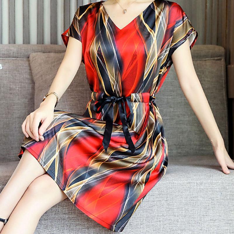 Imitation Silk Dress Female Mid-length Short-sleeved Summer New Style Small Striped Imitation Mulberry Silk Printed Skirt