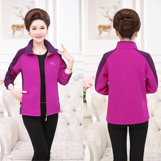 Middle-aged Elderly Women's Polar Fleece Sports Jacket Spring and Autumn Stand Collar Splicing Loose Outdoor Casual Solid Color Short Top