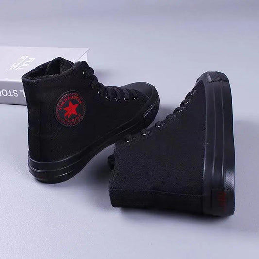 Plus Velvet Canvas Shoes Women's Winter Korean Style Sneakers All-match Non-slip All Black High-top Shoes