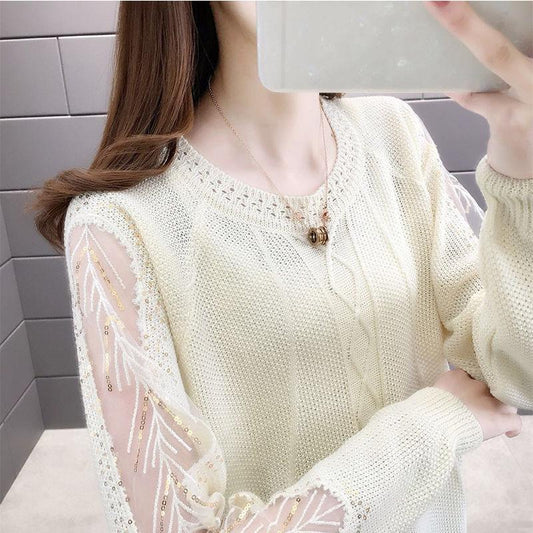Spring and Autumn Loose Sweater Round Neck Large Size Long-sleeved Top Hollow Youth Female Bottoming Shirt
