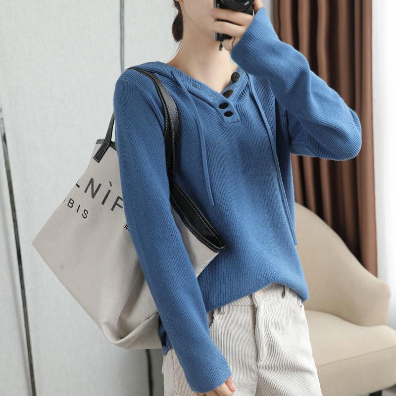 Autumn and Winter Wool Hooded Sweater Pullover Long-sleeved Loose Top Solid Color Casual Women's Jacket