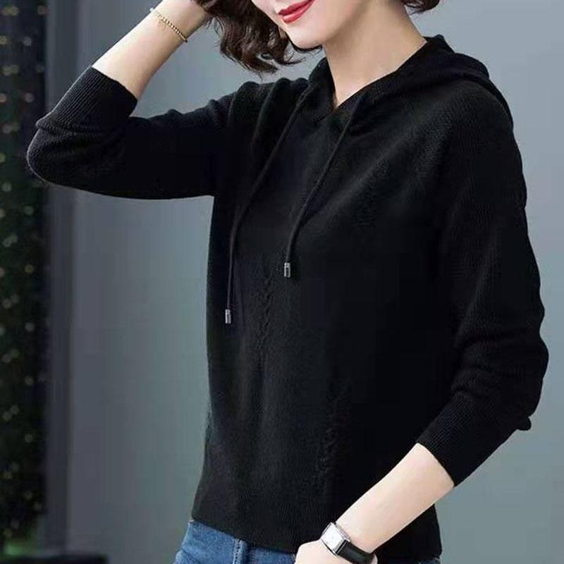 Spring and Autumn Knitted Hooded Sweater Short Loose All-match Top Solid Color Long Sleeve Women's Sweater