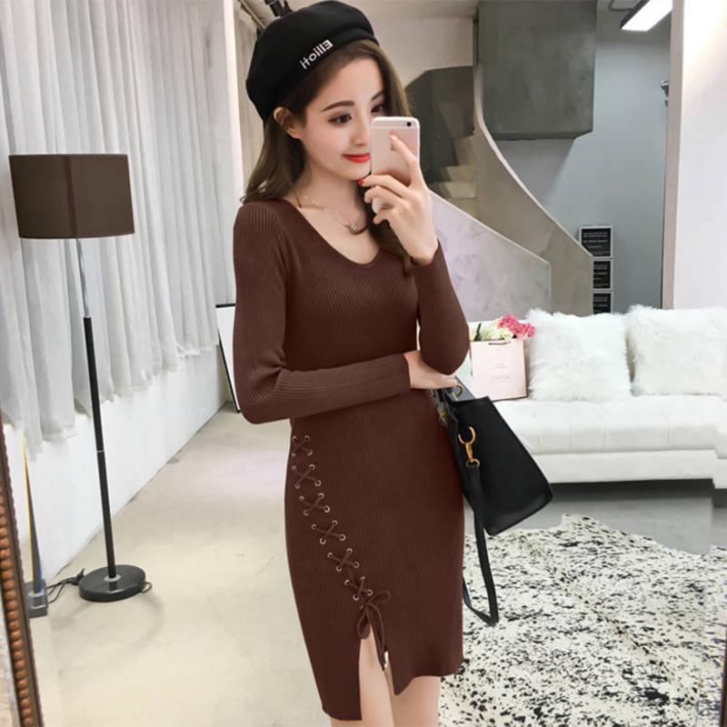 Pofulove Mid-length Bottoming Knitted Sweater Hip Sweater Dress Winter Women's Slim Fit Hedging