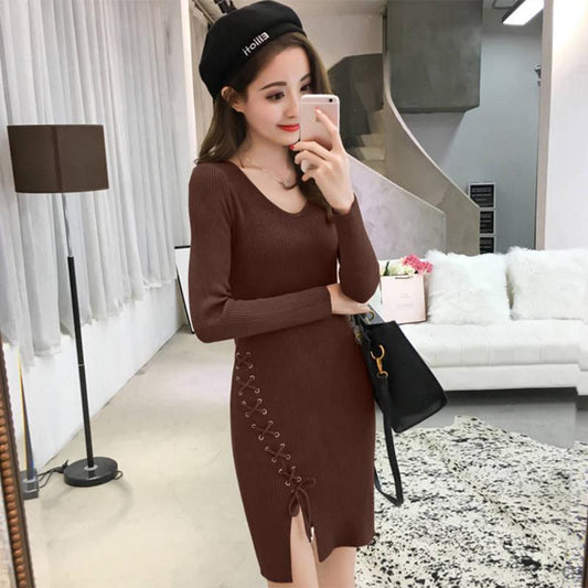 Pofulove Mid-length Bottoming Knitted Sweater Hip Sweater Dress Winter Women's Slim Fit Hedging