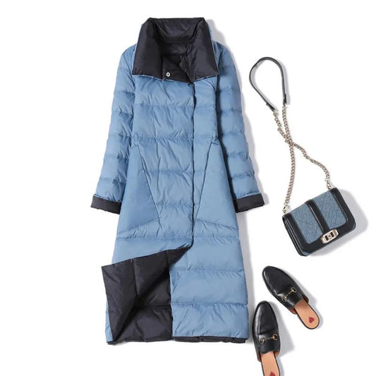 Women's Double-sided Wear Down Jacket Mid-length Extra-large White Duck Down Two-sided Cross-knee Slim Fashion Jacket Wild Warm Parka