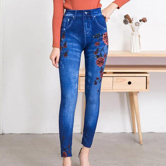 High Waist Stretch Denim Printed Leggings Women's Trousers and Velvet Feet Casual Pants and Velvet Thickening Fashionable and Versatile