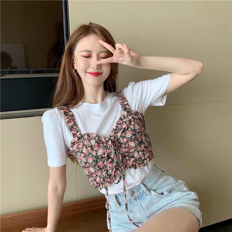 Summer Korean Version The White Simple Short-sleeved T-shirt Plus Sweet Floral Sling Two-piece Jacket Women