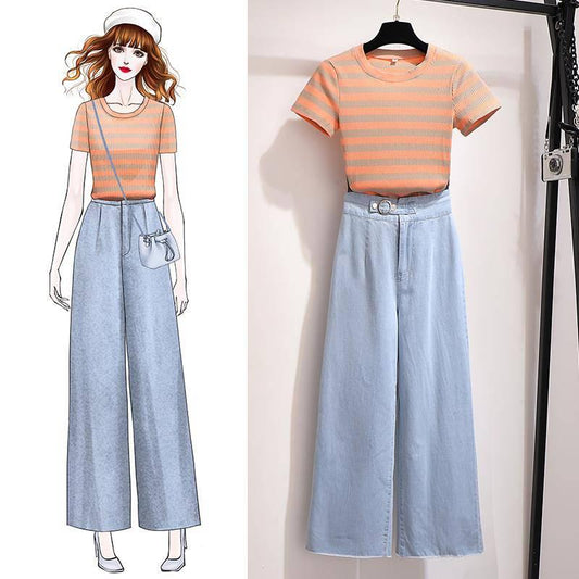 Women Casual Tops Pant 2 Piece Suit Summer Knitted Striped T-shirt Jeans Two-piece