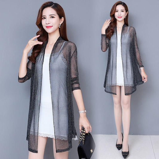 Plus Size Shawl Mesh Mid-length Coat Women's Thin Long-sleeved Waistcoat Loose Fashion Cardigan