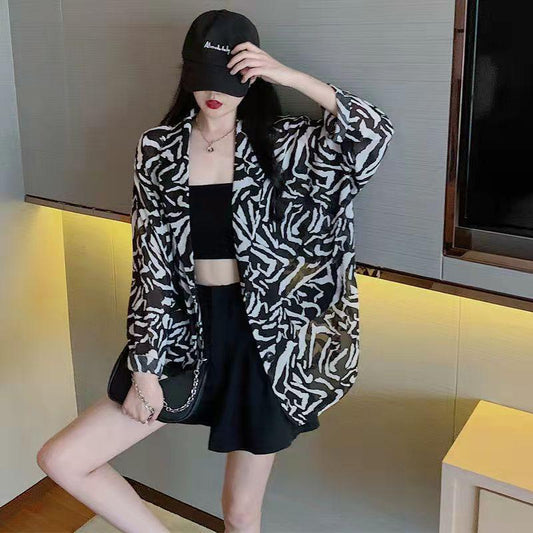 Women's Zebra-print Suit Jacket Summer Thin Loose Mid-length Temperament Chiffon Suit Korean Version of The Sunscreen Top Blazer Outwear Coat