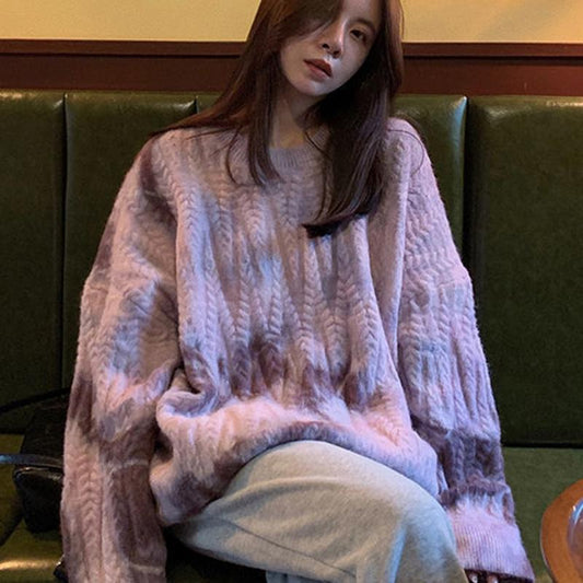 Tie-dye Sweater Women Autumn Winter Wear Long-sleeved Loose Retro Twist Pullover Sweater Thick Top