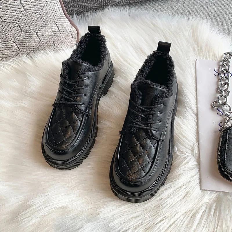British Small Leather Shoes Women Winter Plus Velvet Warm Cotton Shoes Thick-soled Leather Shoes Waterproof and Non-slip