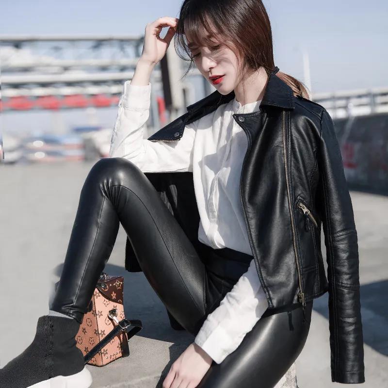Autumn and Winter Leather Jacket Black Motorcycle Leather Jacket Short PU Leather Jacket for Women