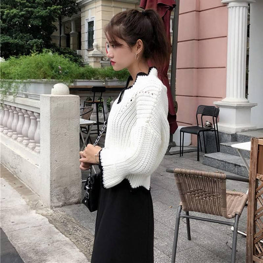 Off Shoulder Knitted Sweater Batwing Sleeve Crochet Wave Cut Hem Loose Pullovers Women